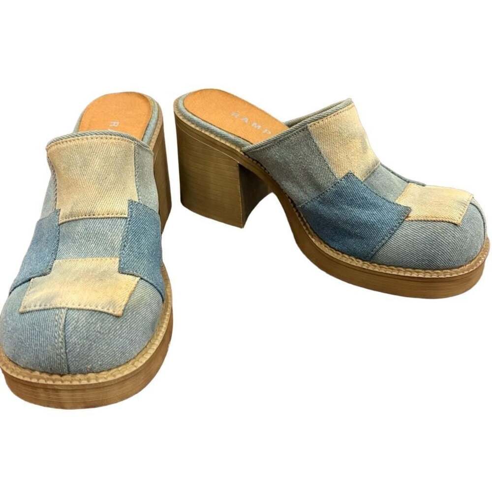 Vintage Y2K Rampage Denim Patchwork Block Heel Mules Indie Sleaze Size 8